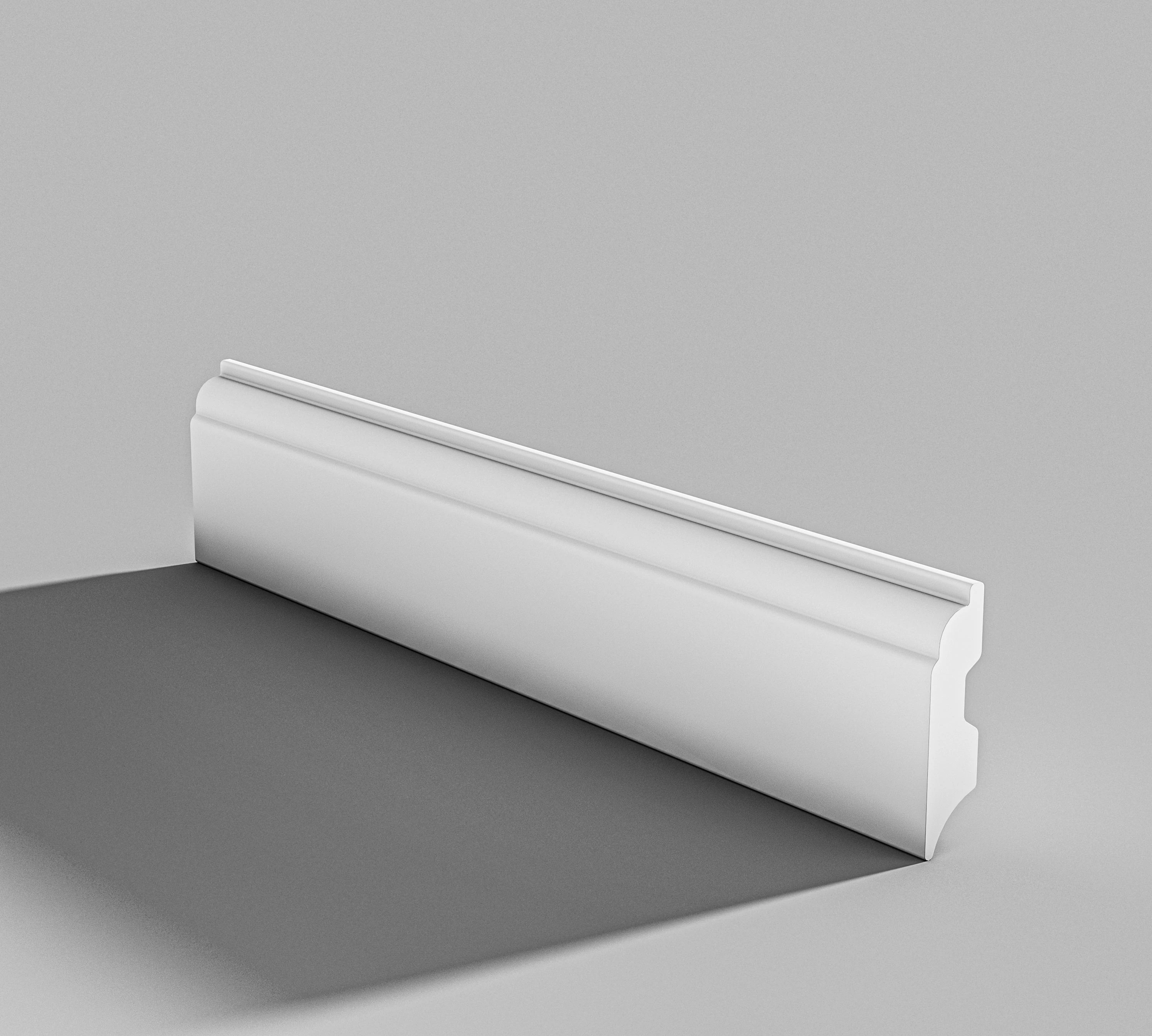 Falda de PS antienvejecimiento de color blanco para rodapi&eacute; de pl&aacute;stico para interiores con panel lateral