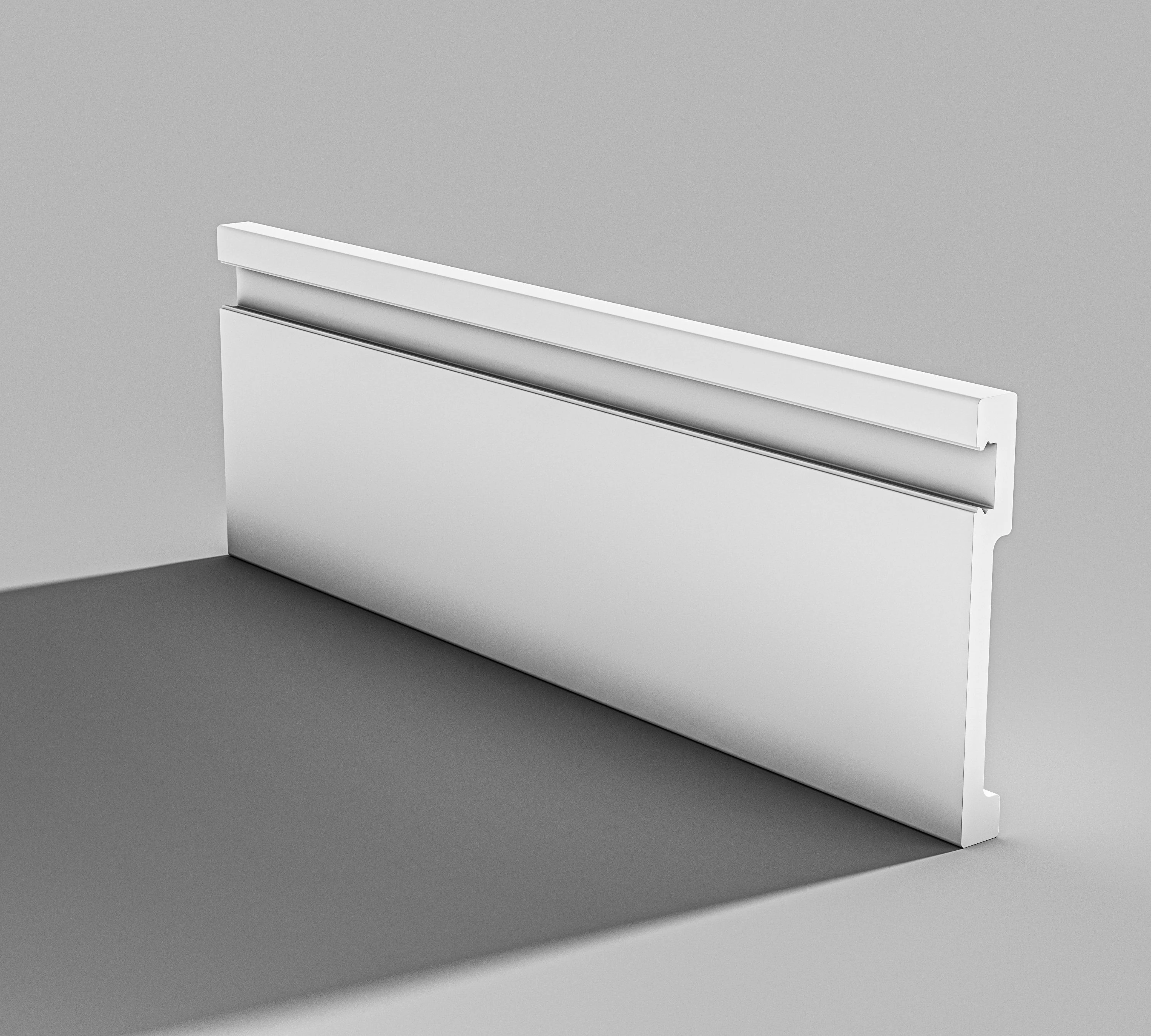 Falda de PS antienvejecimiento de color blanco para rodapi&eacute; de pl&aacute;stico para interiores con panel lateral