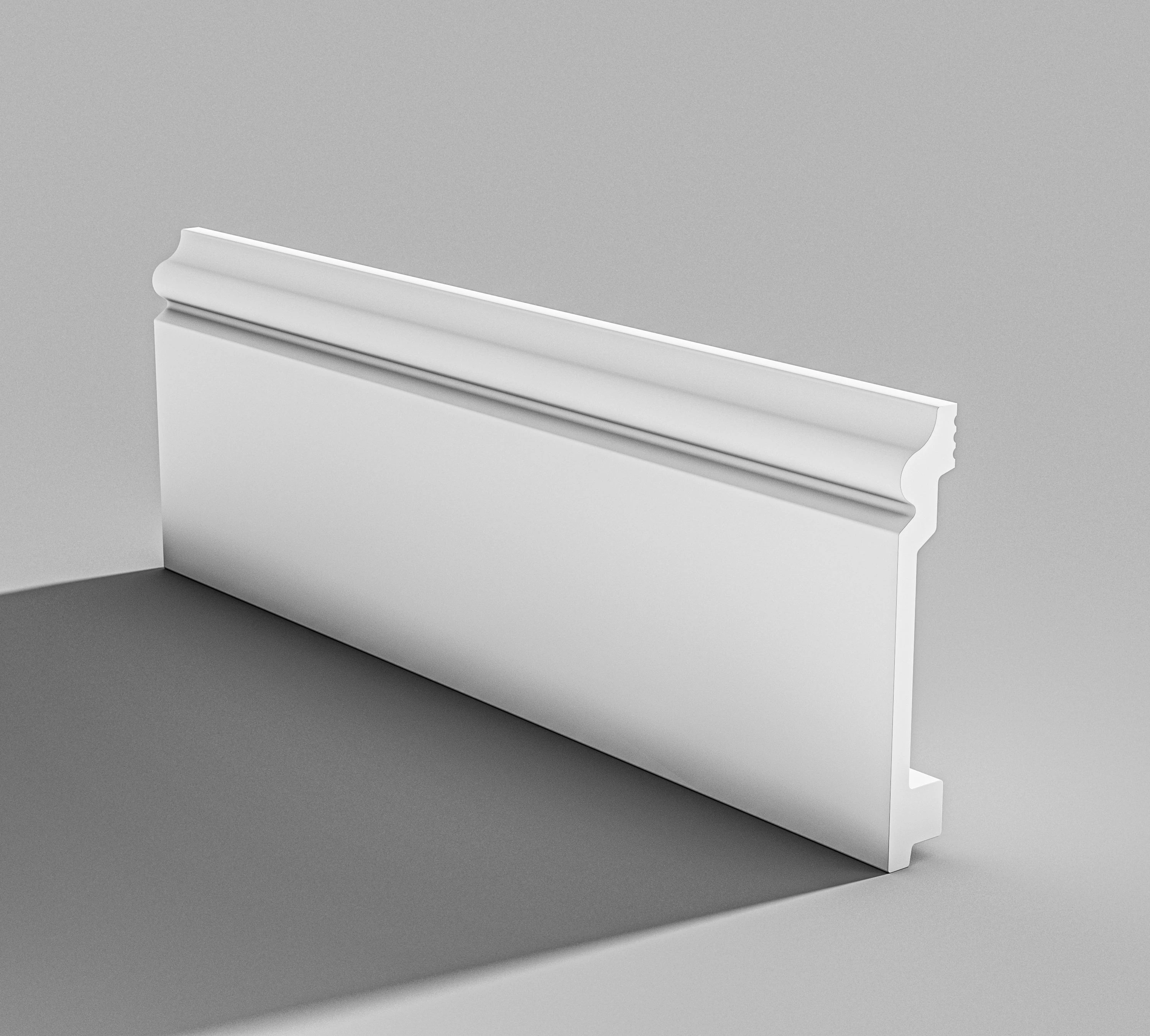 Falda de PS antienvejecimiento de color blanco para rodapi&eacute; de pl&aacute;stico para interiores con panel lateral