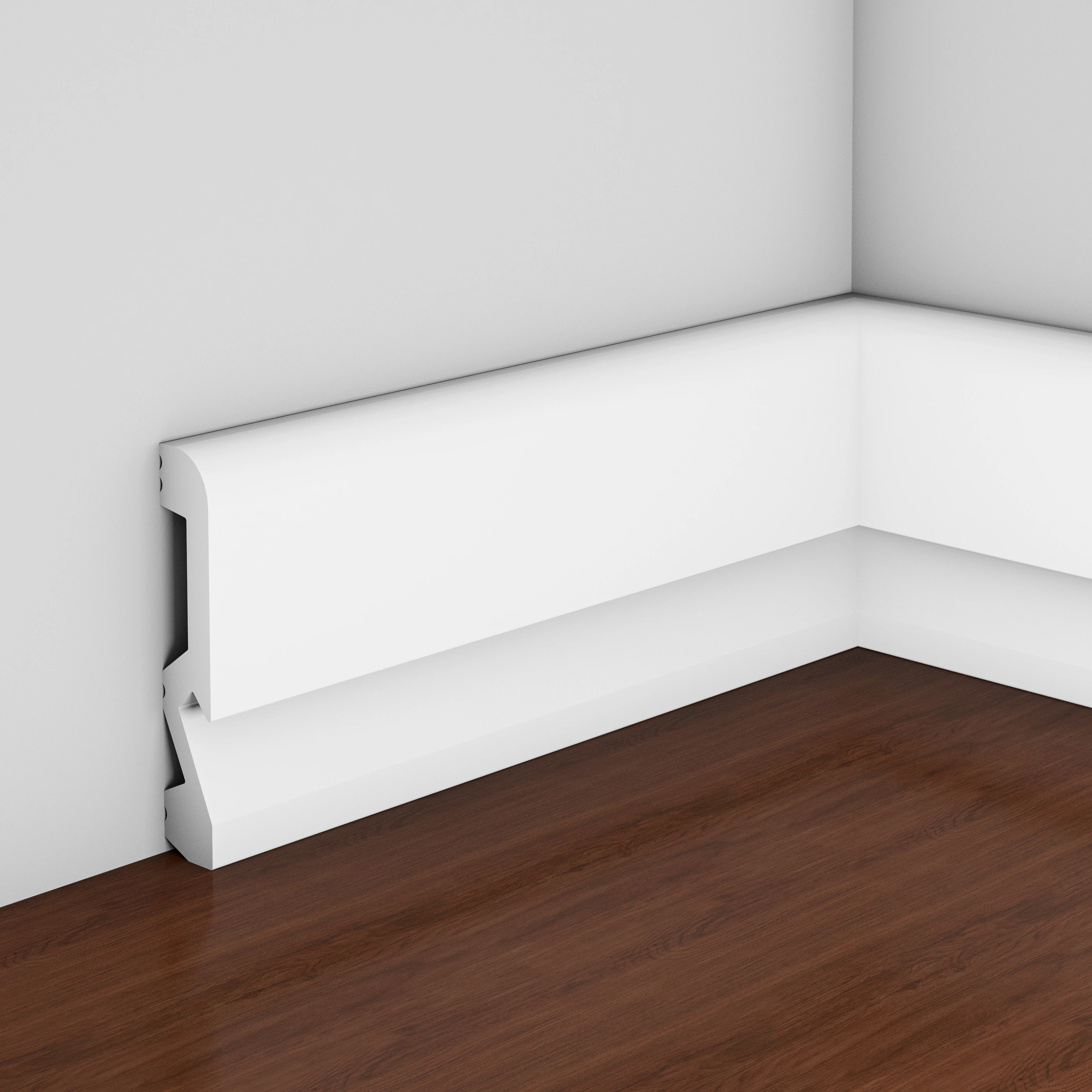 Falda de PS antienvejecimiento de color blanco para rodapi&eacute; de pl&aacute;stico para interiores con panel lateral