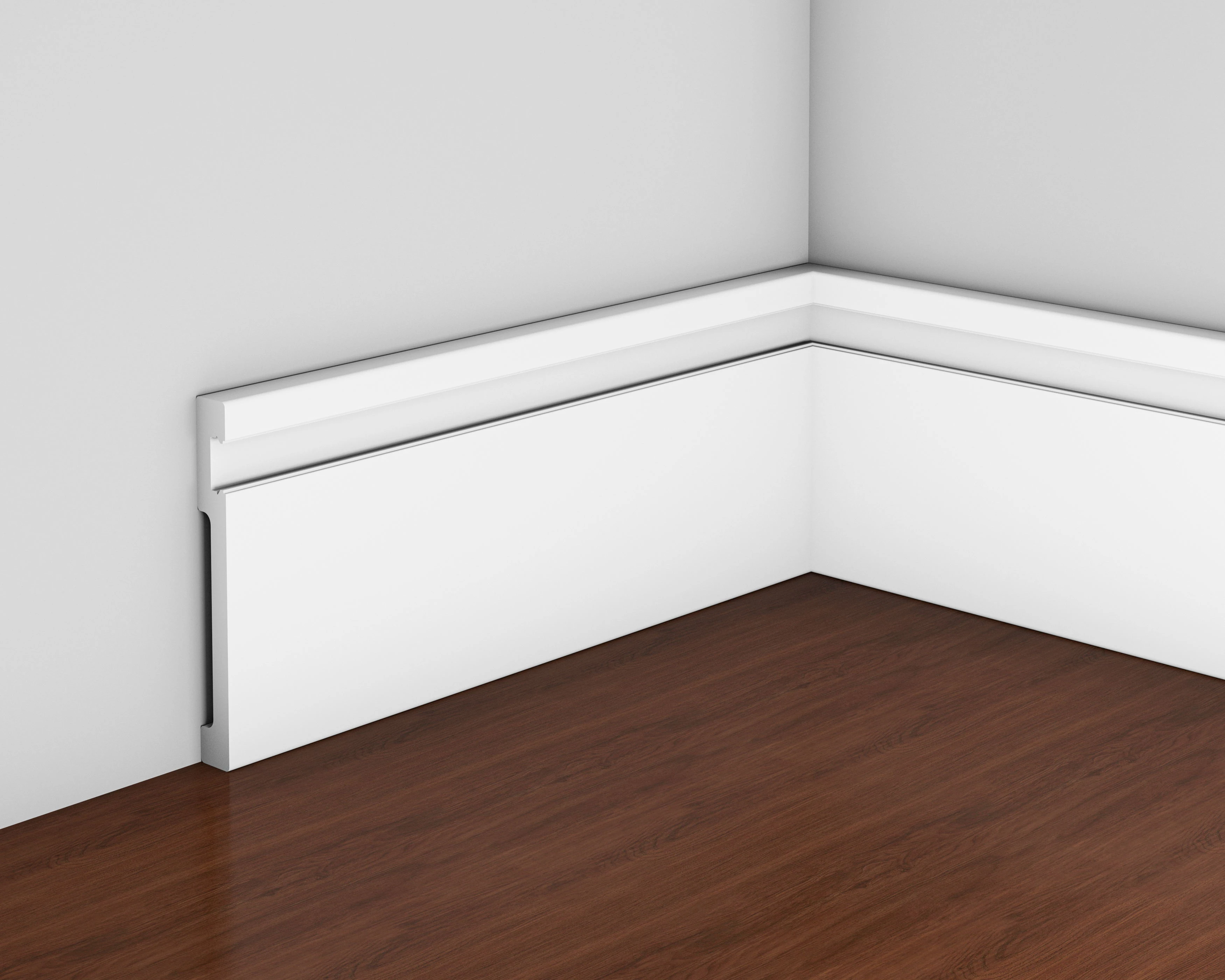 Falda de PS antienvejecimiento de color blanco para rodapi&eacute; de pl&aacute;stico para interiores con panel lateral