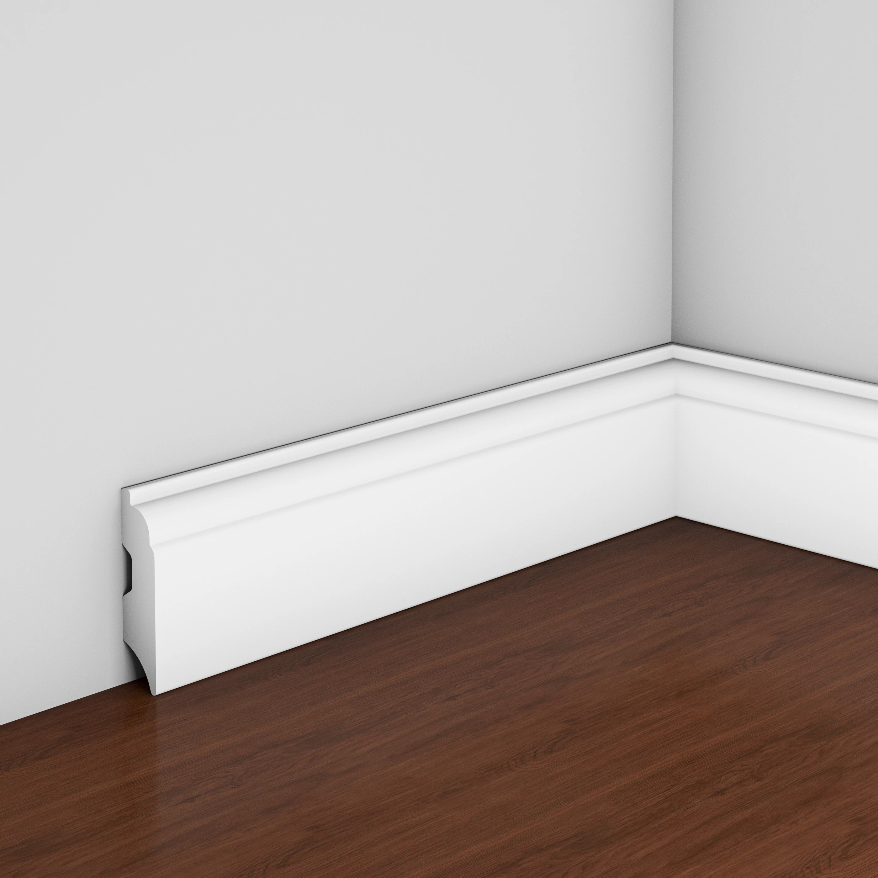 Falda de PS antienvejecimiento de color blanco para rodapi&eacute; de pl&aacute;stico para interiores con panel lateral