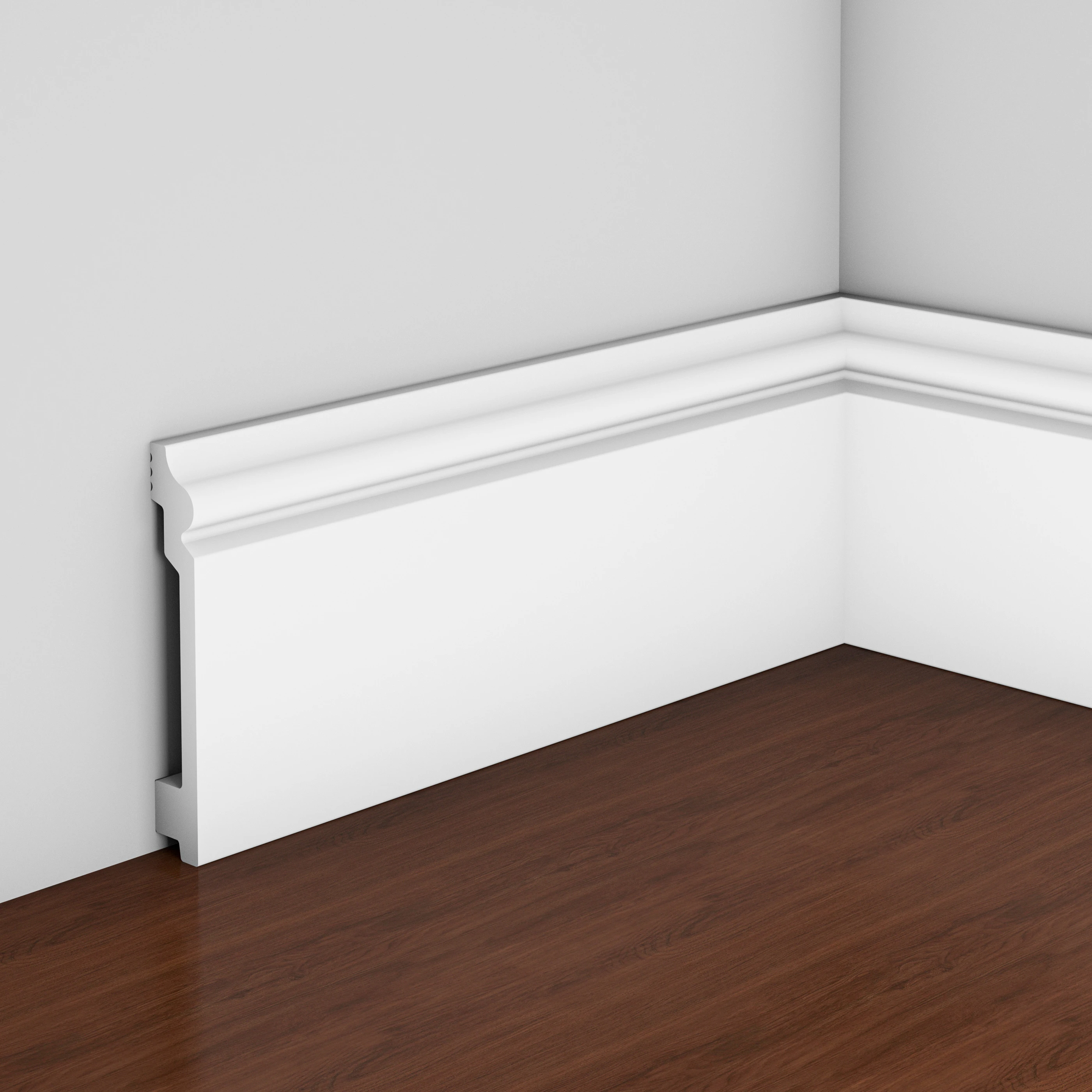 Falda de PS antienvejecimiento de color blanco para rodapi&eacute; de pl&aacute;stico para interiores con panel lateral